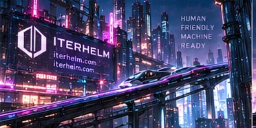 An illuminated Iterhelm billboard beside elevated tracks in a neon city.