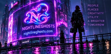 A giant glowing Nightlineghosts billboard above silhouettes on a city walkway.