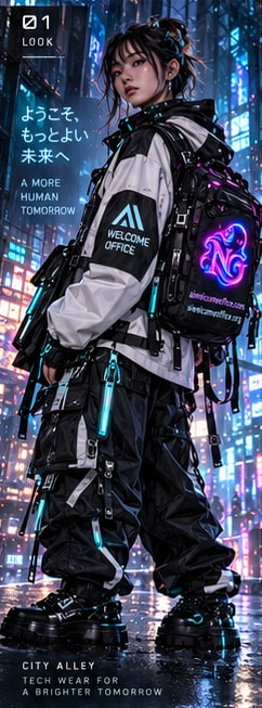 A dark-haired model in a white and black jacket, cargo trousers and a neon ghost backpack.