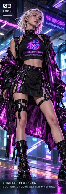 A silver-haired model in a black crop top, skirt, glossy jacket and tall boots under neon lights.