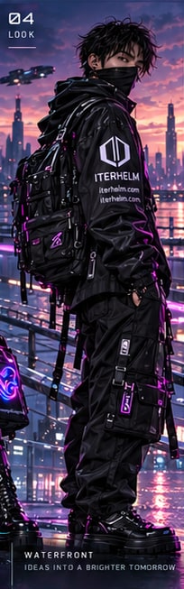 A masked model in a black technical jacket and cargo trousers beside a neon waterfront.
