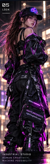 A model wearing a ghost emblem cap, black technical streetwear and a shoulder bag.