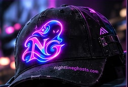 A black cap with a glowing magenta and cyan Nightlineghosts emblem.