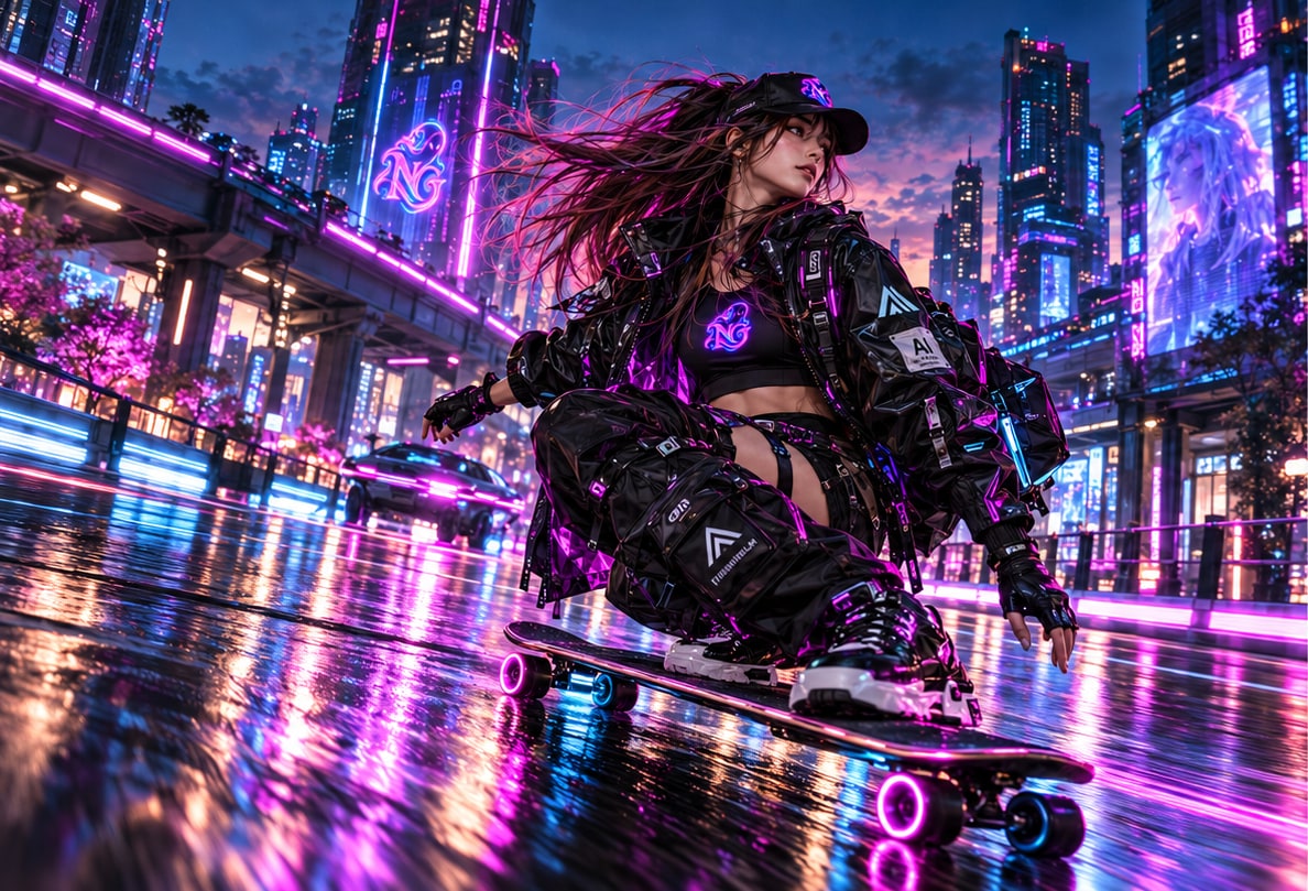 A dark-haired rider in a ghost-emblem cap and black technical streetwear rides a magenta-lit longboard through wet neon streets.