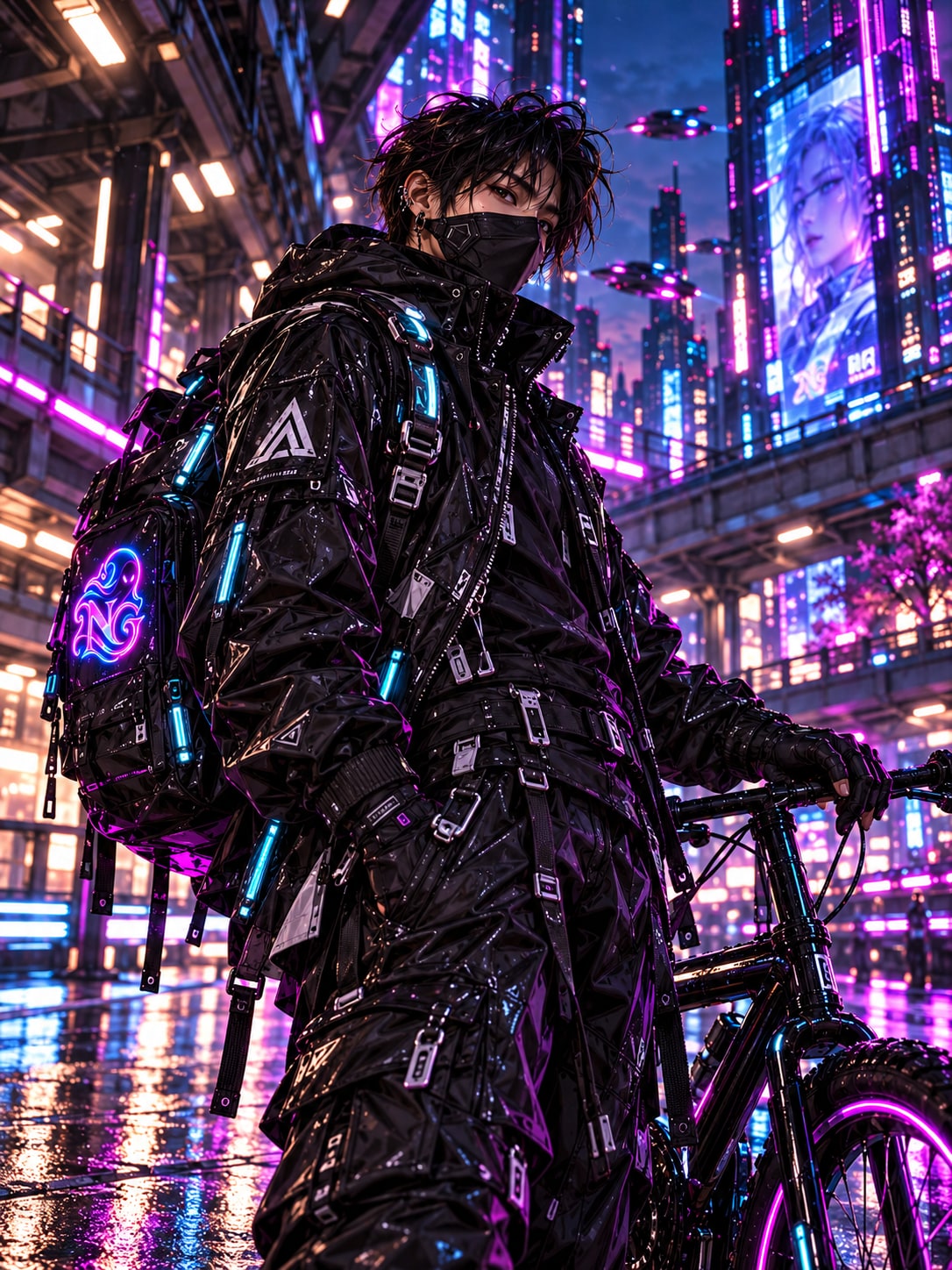 Riven, a tousled dark-haired rider wearing a black face mask and an all-black technical jacket beside a bicycle.