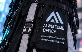 Black technical cargo trousers with utility straps and an AI Welcome Office mark.